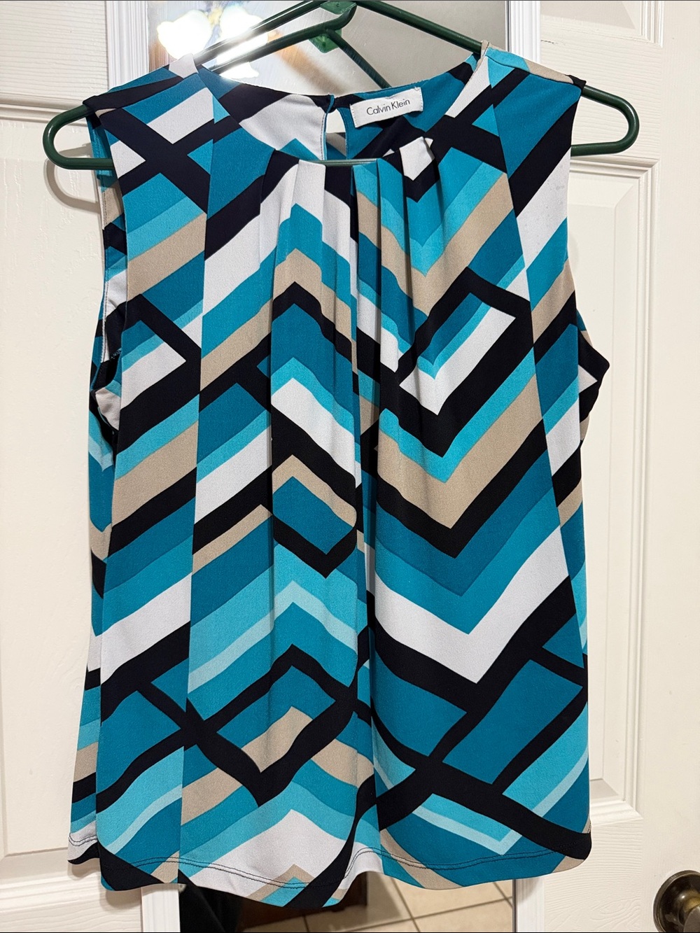 Calvin Klein Teal, Black & White Geometric Sleeveless Blouse